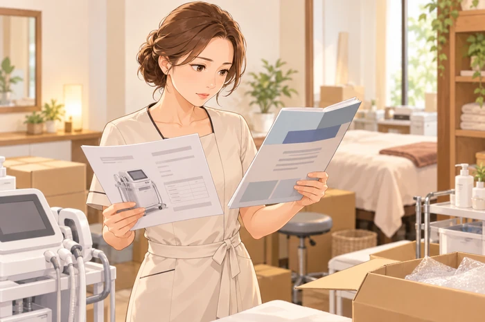 準備中のサロンで美容機器の見積書と公募要領を見比べる女性サロンオーナーが、どの支出が補助対象かを確認している画像