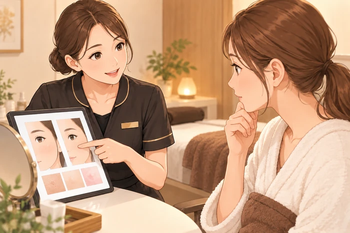 施術後にエステティシャンが次回のカウンセリングで確認したい具体的な変化とその理由を顧客に向かって説明している画像