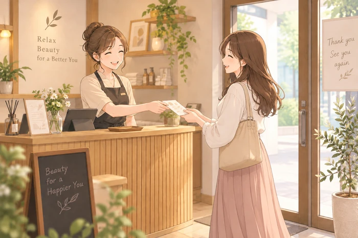 個人サロンのリピート率が低い初回来店後に次回予約が入らない場面を示す受付の女性オーナーの画像
