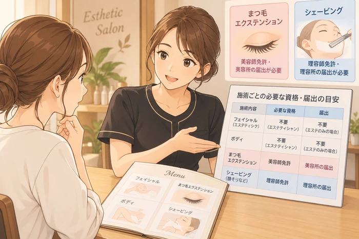 施術ルームで、女性オーナーが使用する機器の取扱説明書を手に取り設備と照らし合わせて確認する画像