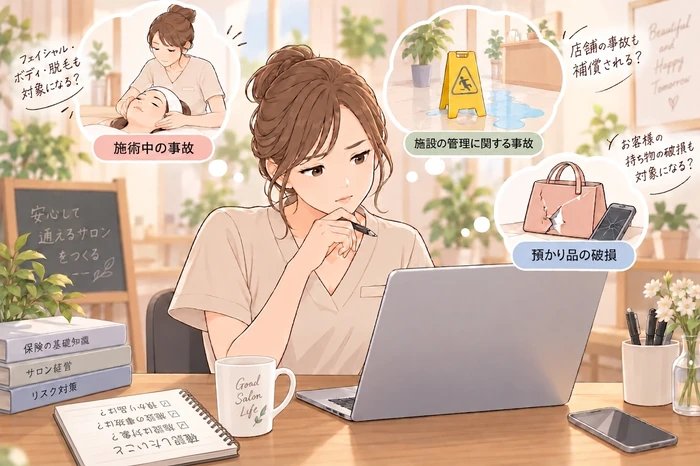 スタッフと一緒に施術業務が保険対象かを確認しているサロンオーナーの画像