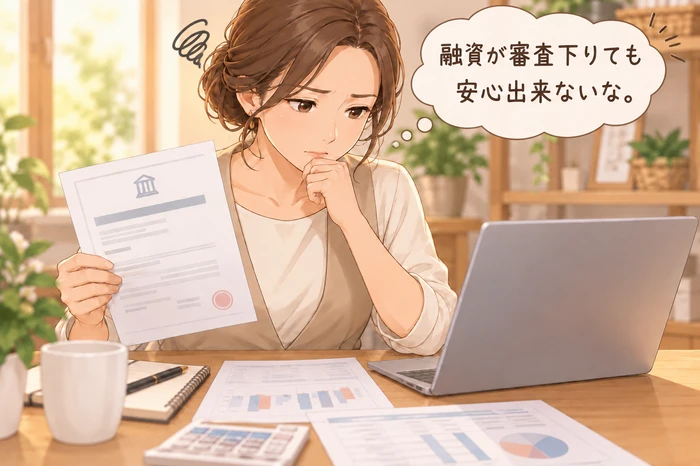 融資承認書を持ちながら、別の月次収支表と照らし合わせる女性オーナーの画像