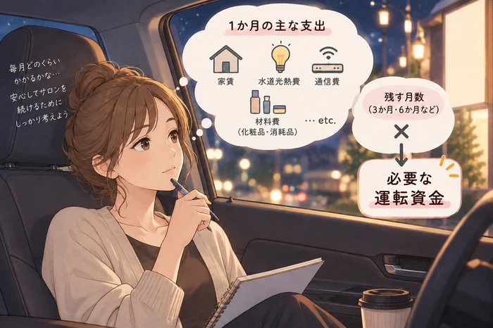 家賃の請求書、光熱費の紙、化粧品の小瓶を広げながら1か月分の支出を計算するエステサロンオーナーの画像
