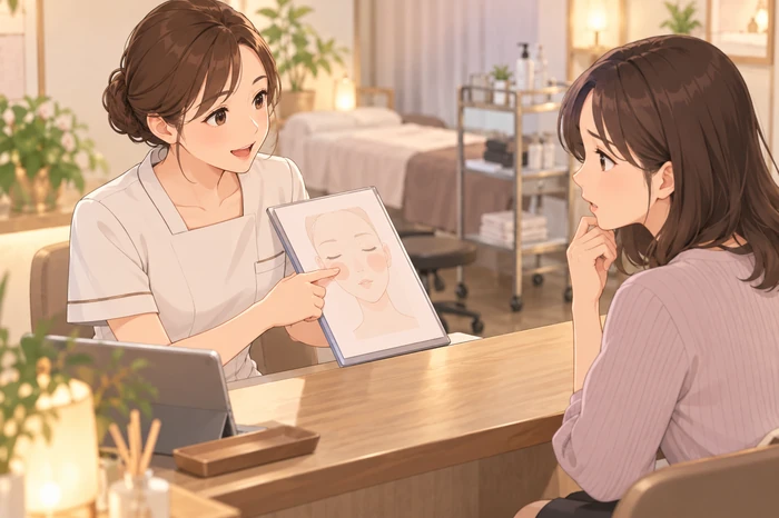 施術室で顧客に次回の来店時期を尋ねられ、エステティシャンが今回確認した肌の状態を見ながら迷っている次回予約と来店周期に関する場面の画像