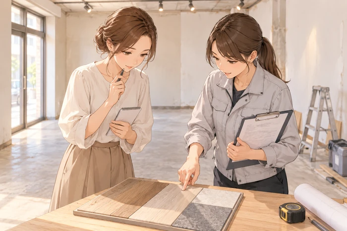 契約や内装工事、美容機器、備品を控えながら空の店舗で業者と工事範囲を確認する女性オーナーのやり取りを描いた画像