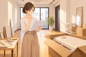空の物件内で見積書を手にしながら、施術ベッドを置く場所を確認する女性サロンオーナーの検討風景画像