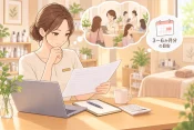 見積書と通帳を並べ、開業費と開業後に残す運転資金を分けて確認する女性サロンオーナーのイラスト画像
