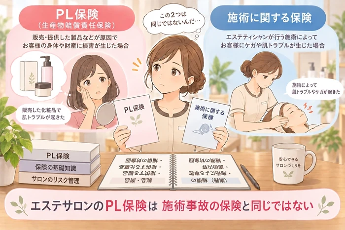 店内で販売商品を手に取り、施術と商品の事故の違いを考える女性オーナーの画像