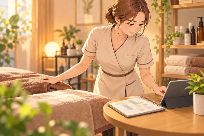 施術ベッド準備をしながら、傍らの台で簡略な資金計画表を確認する女性オーナーの画像