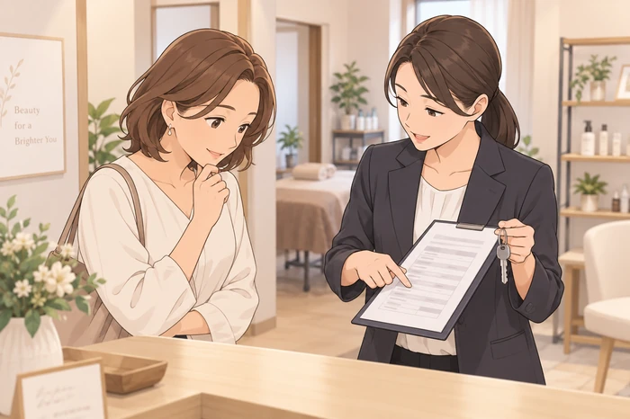 不動産担当と鍵を受け取りながら契約条件について確認する女性サロンオーナーのイラスト画像