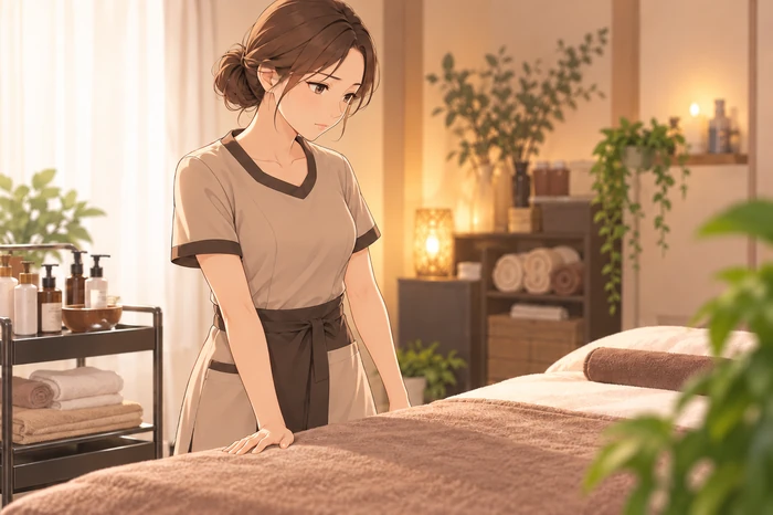 個人サロンのリピート率が低い原因を技術や接客と考え振り返る施術室の女性オーナーの画像