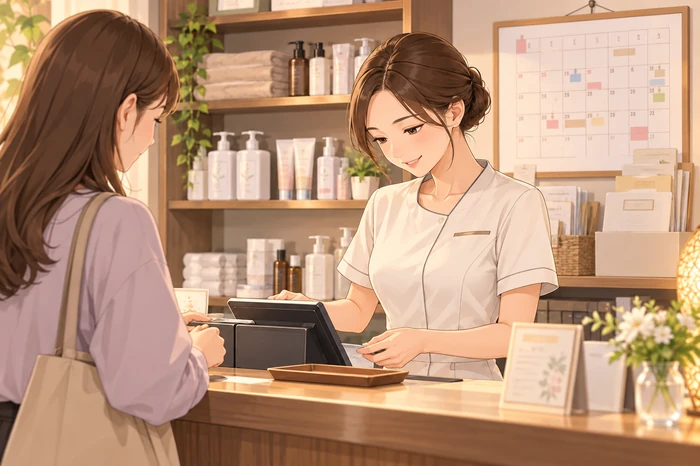 受付で来店客に会計対応をしながら、背後の棚にある材料や家賃カレンダーを見ている女性オーナーの画像