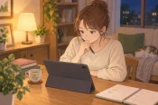 個人サロンのリピート率が低い原因を考えながら自宅で抽象的な予約カレンダーを確認する女性サロンオーナーの画像