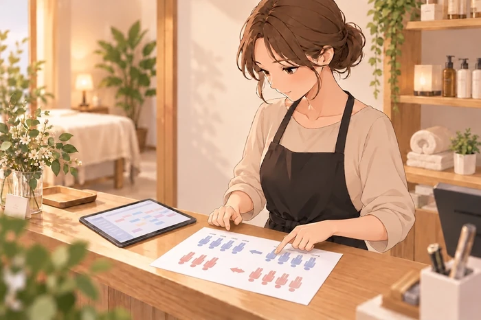 受付で抽象的な予約表と来店履歴を比べて来店段階を確認する女性サロンオーナーの画像