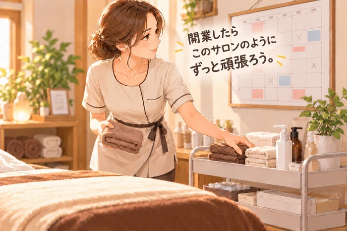 施術ベッド横で消耗品を補充しながら、壁の予約カレンダーの空き具合を確認する女性エステティシャンの画像