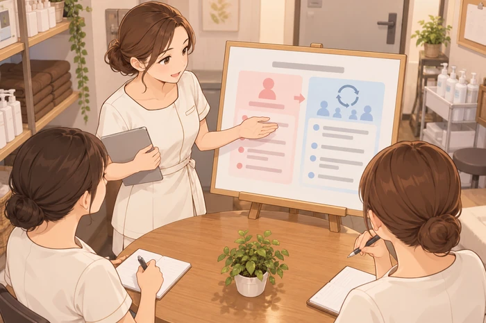 個人サロンのリピート率が低い原因を一つにまとめないように説明する女性オーナーの画像
