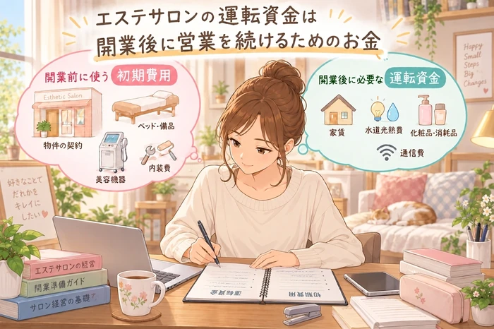 見積書の束と現金を物理的に分けて並べ、開業前費用と開業後の運転資金を分離して確認する女性オーナーの画像