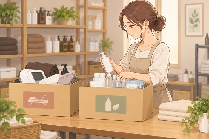 開業前の備品を『営業開始用』と『運転資金用』に分けて整理する女性オーナーのイラスト画像