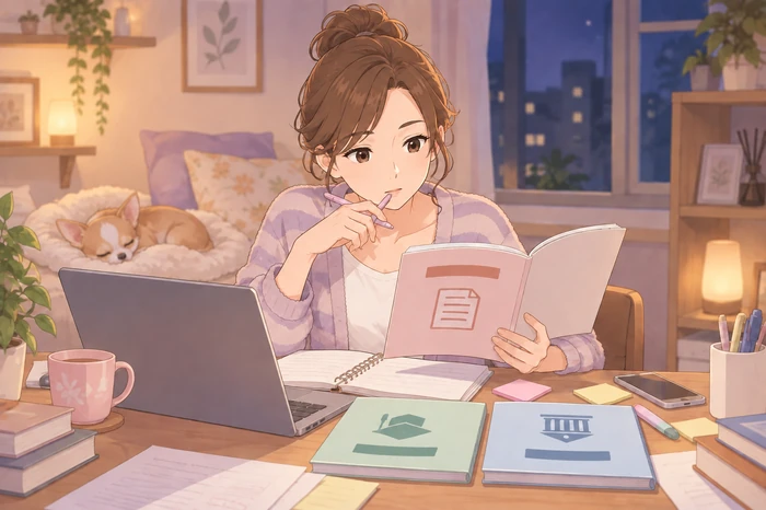 サロンバックヤードで、女性オーナーが「開業届」「保健所」「資格」と見立てた3冊の説明書を持ち、スタッフに説明している画像