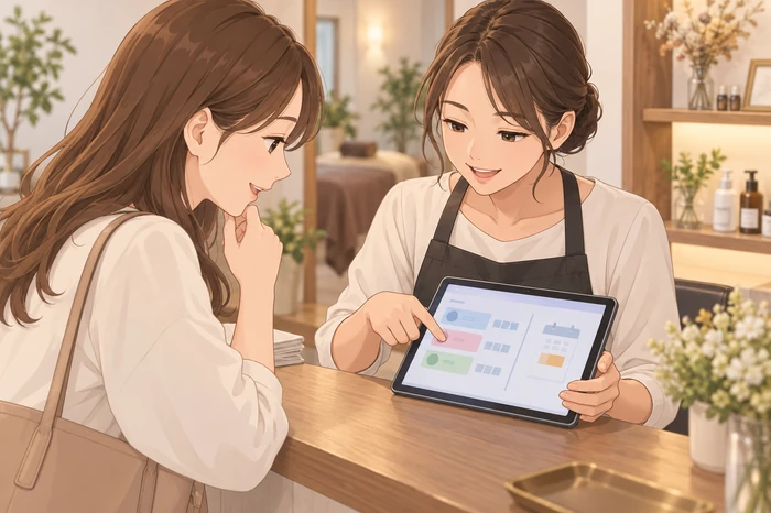 個人サロンのリピート率を見直すために受付で顧客と来店履歴と次回予定を確認する女性オーナーの画像