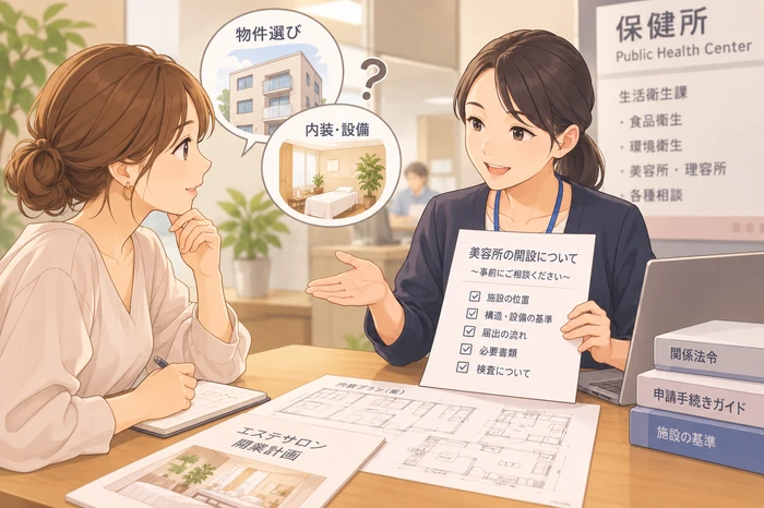 女性オーナーがスタッフと並んでメニュー表を見ながら、まつ毛やシェービングが含まれているかを話し合う場面の画像
