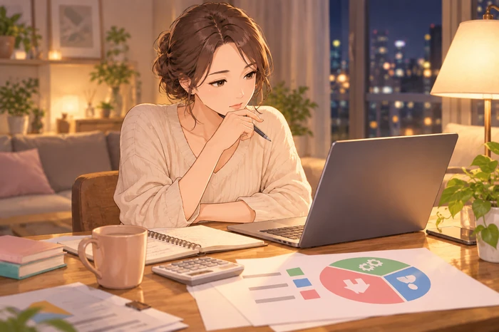 サロンのバックヤードでホワイトボードに簡略な費目比率を示しながら相談する女性オーナーとスタッフの画像