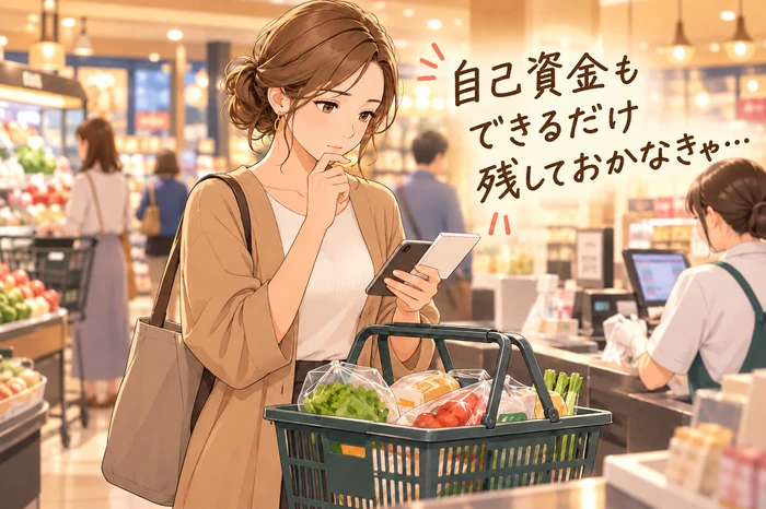 スーパーで買い物カゴを持ちながら開業後の生活費を考える女性サロンオーナーの画像