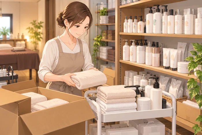 開業前にタオルや化粧品ボトルをカートに整理し、必要数を確認する女性オーナーのイラスト画像