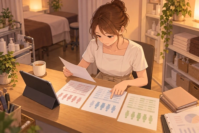 個人サロンのリピート率を理解するために来店履歴を段階ごとに整理する女性オーナーの画像